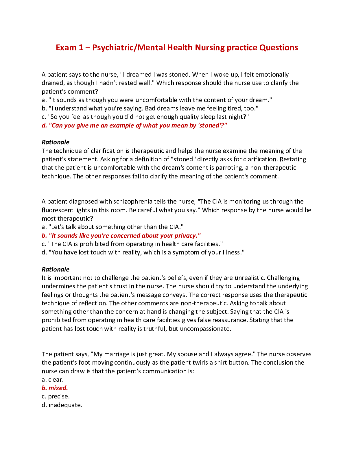 Preview of Exam 1 – Psychiatric/Mental Health Nursing Practice Questions
